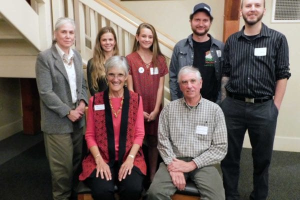 NRCM's 2017 Conservation Leadership Award winners with Lisa Pohlmann (L to R): Martha Spiess, Lainey Randall, Addie Farmer, David Courtemanch (seated), Tony Giambro, and Travis Ritchie