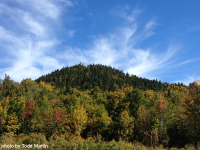 Photo of Bald Mountain with blue sky behind it