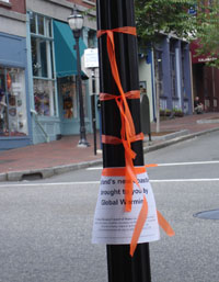 Orange tape marks the new Portland "coastline" if global warming pollution isn't curbed. (photo by Judy Berk)