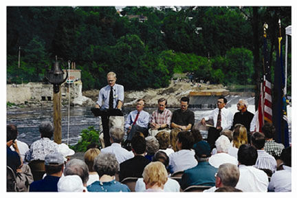 Brownie Carson, NRCM executive director, speaking to the crowd gathered to watch dam breach