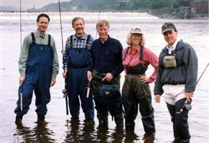 Fishing during the morning of the removal. (far left - Terry Garcia, former Assistant Secretary of Commerce for oceans and atmosphere, U.S. Department of Commerce; second from left - former Interior Secretary Bruce Babbitt; middle - former Governor Angus King)