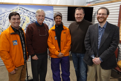 Participating in the tour of Mt. Abram were, from left to right, Mt. Abram co-owner Rob Lally, Senator Angus King, General Manager Dave Scanlan, Mt. Abram co-owner Matt Hancock, and me.