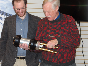 Senator King and I get a chance to see the latest high efficiency snow-making gun that doesn't need any compressed air to work, which drastically reduces Mt. Abram's electricity use.