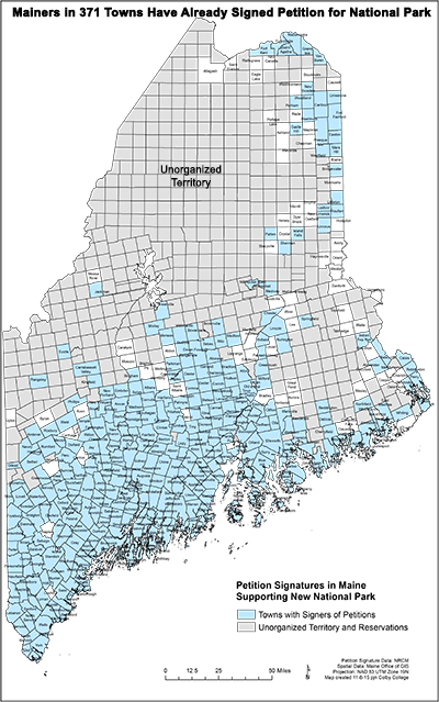 Click on image to view map of Maine towns that have individuals who have signed the petition in support of a new National Park.