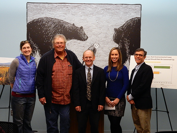 Speakers at the news conference were, from L to R: Lindsay Downing, Richard Nelson, NRCM Advocacy Director Pete Didisheim, Holly Noyes, and Maculey Lord