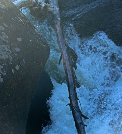 A tree trunk remains stuck in the falls