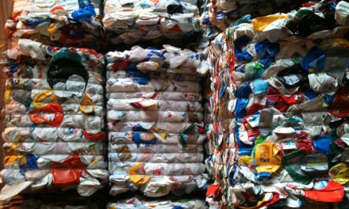 Plastic ready to be recycled at ecomaine