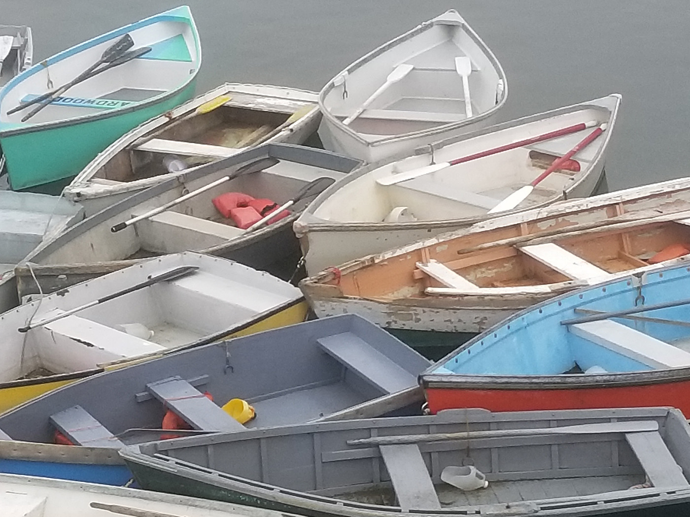 Schoodic skiffs at rest, Winter Harbor, by Penny Walls