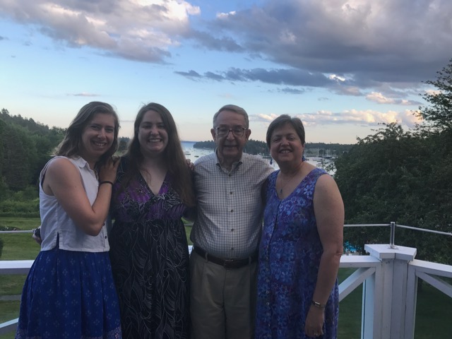 Rebecca Schilling with Alex Jack and Ellen Jackson at Asticou Inn on deck overlooking NorthEast