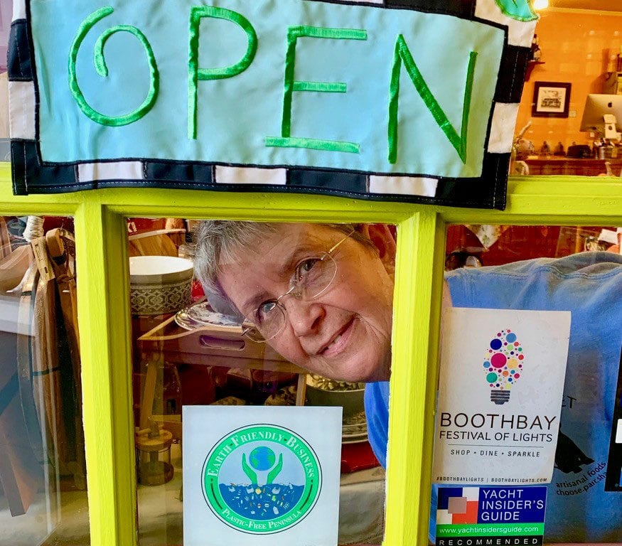 Boothbay plastic-free logo in store window