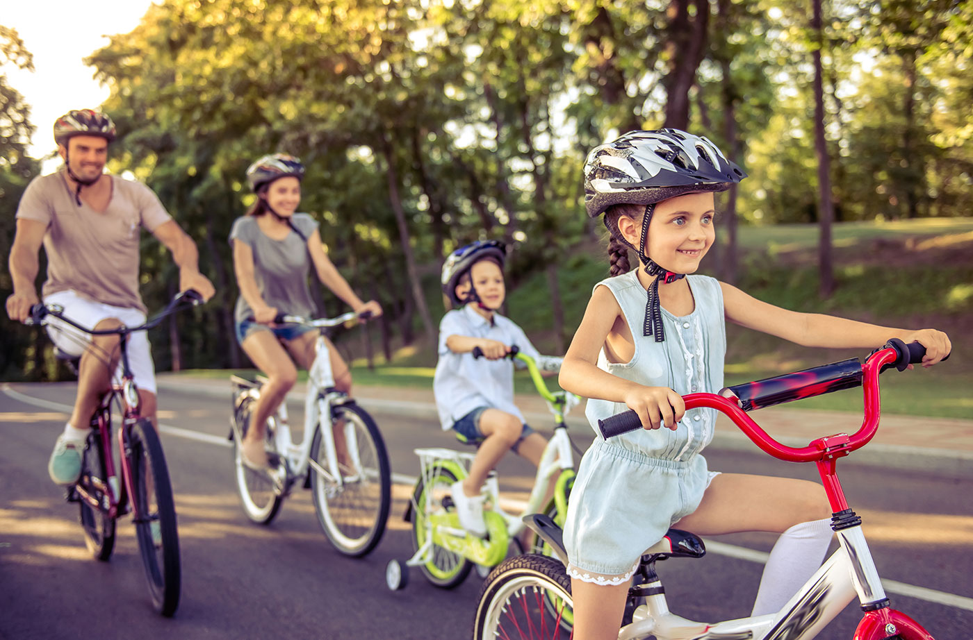 family riding bikes