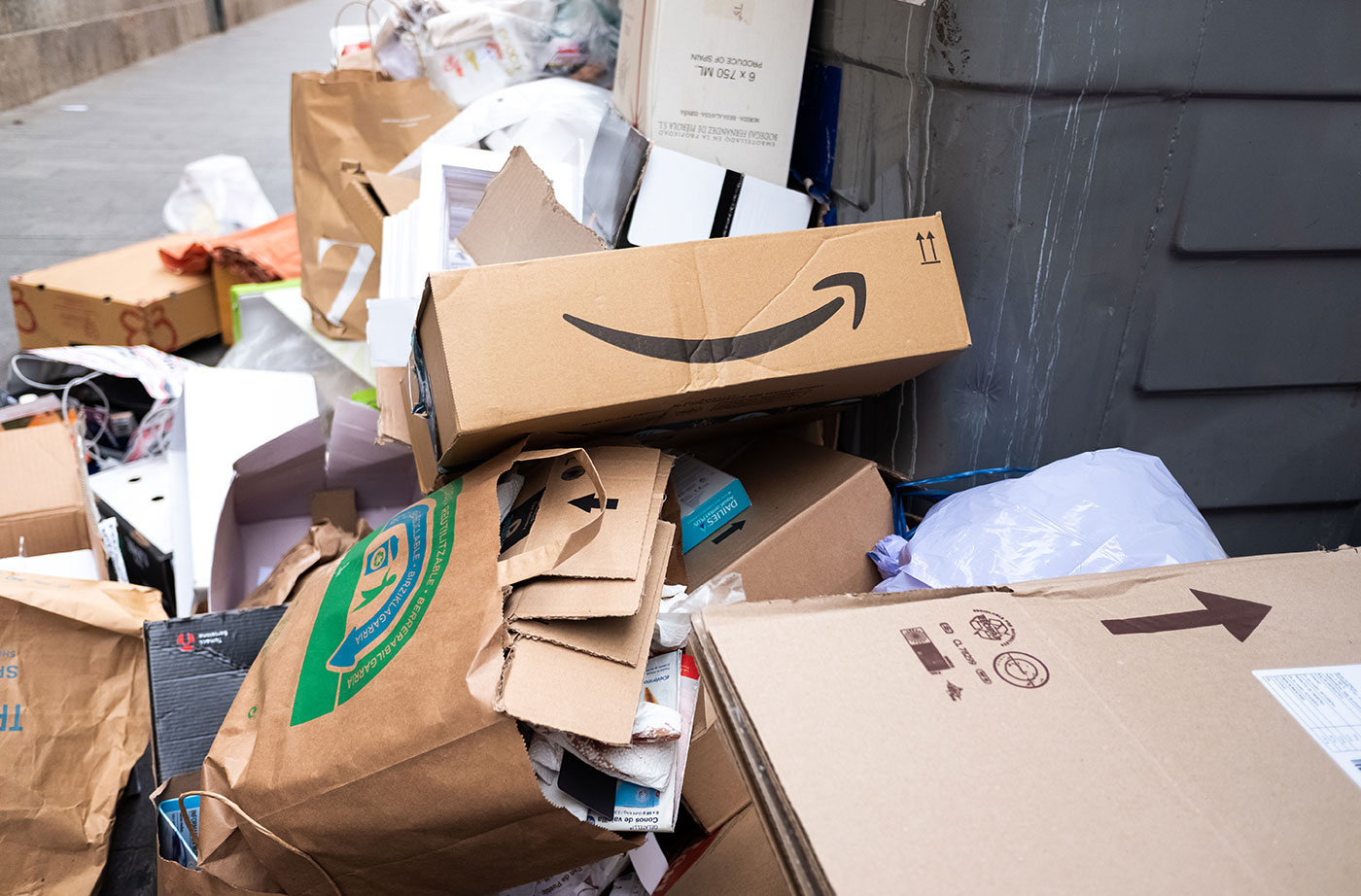 piles of cardboard and other packaging waste