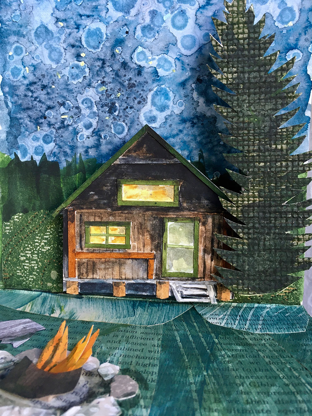 artwork by Jill Osgood of her cabin at Baxter State Park