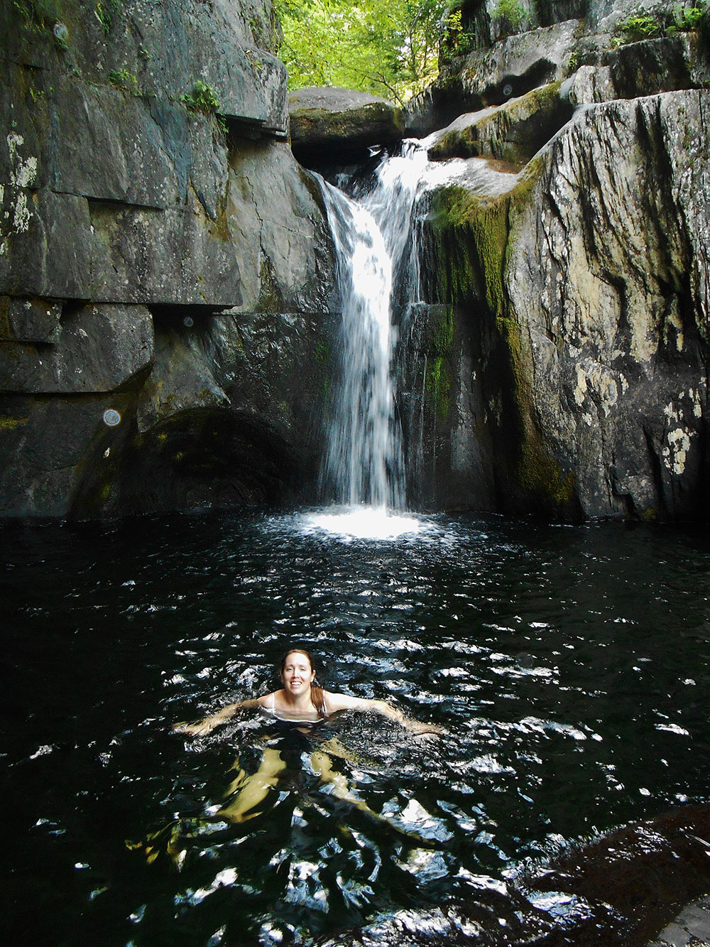 swimming below waterfall