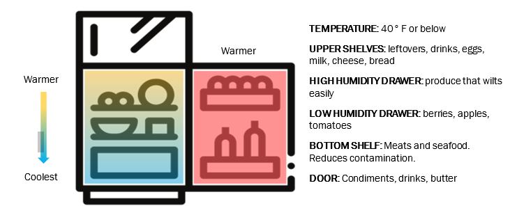 refrigerator-graphic-food-waste graphic of where to put food in fridge to reduce food waste