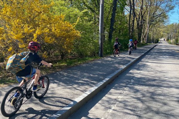 kids riding bikes along road