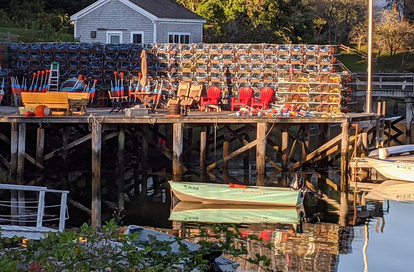 lobster traps and boat on Maine coast