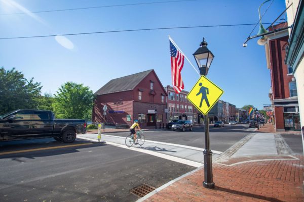 bicyclist in downtown Hallowell