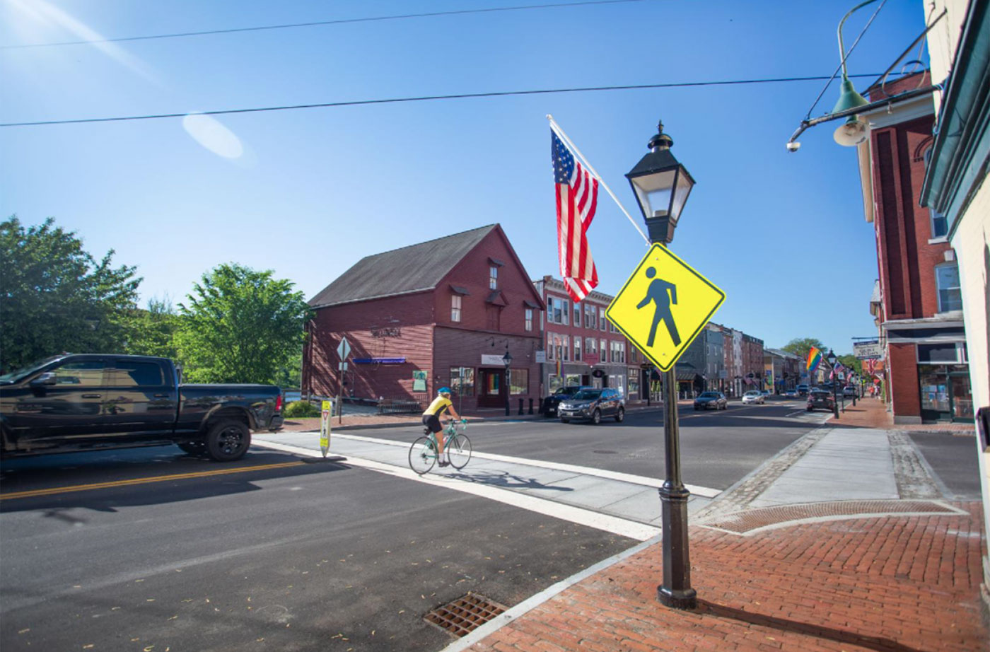 bicyclist in downtown Hallowell