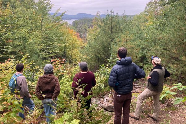 Hikers looking out from mountaintop 