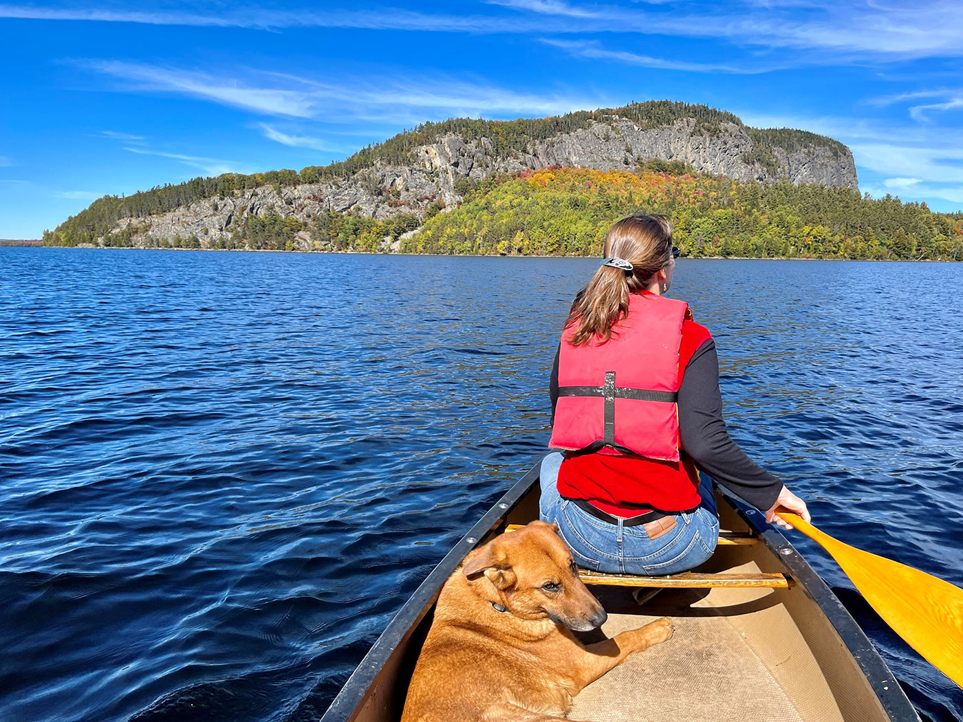 Janet and Rudi paddling toward Kineo