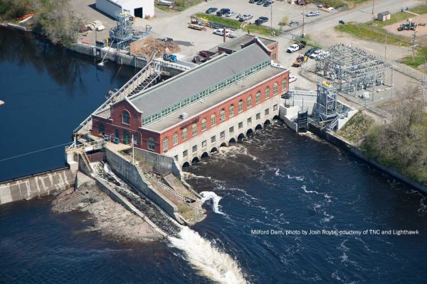 Aerial view of Milford Dam and fish lift