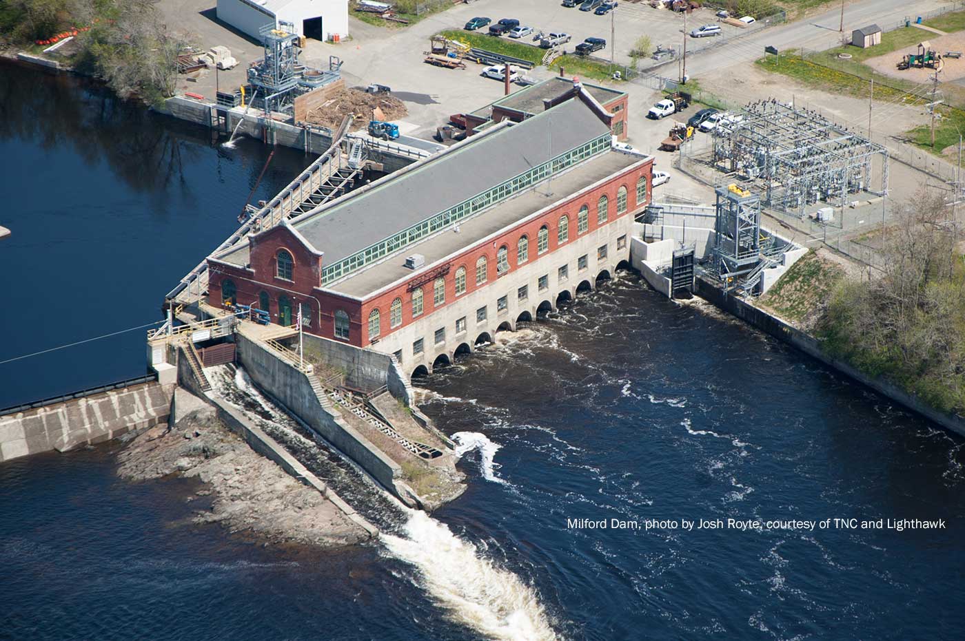 Aerial view of Milford Dam and fish lift