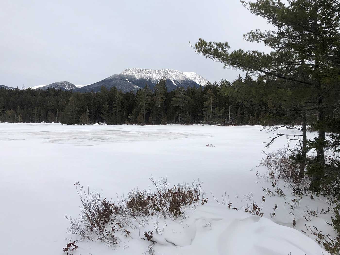 View of snow-covered Katahdin