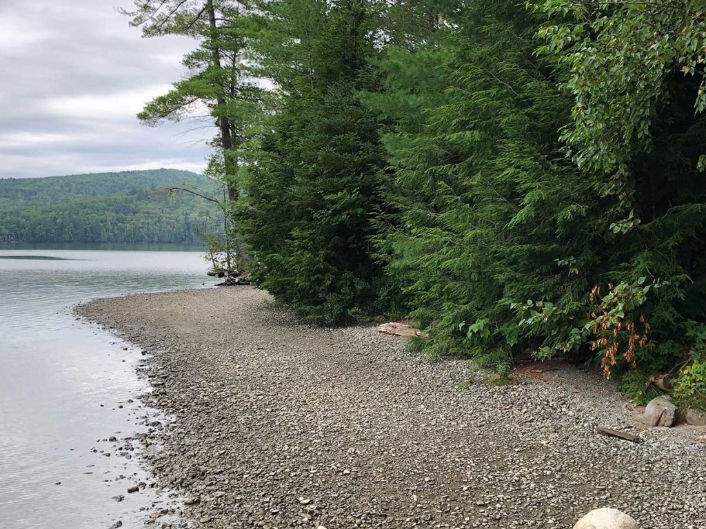 Edge of Wyman Lake with beach and trees