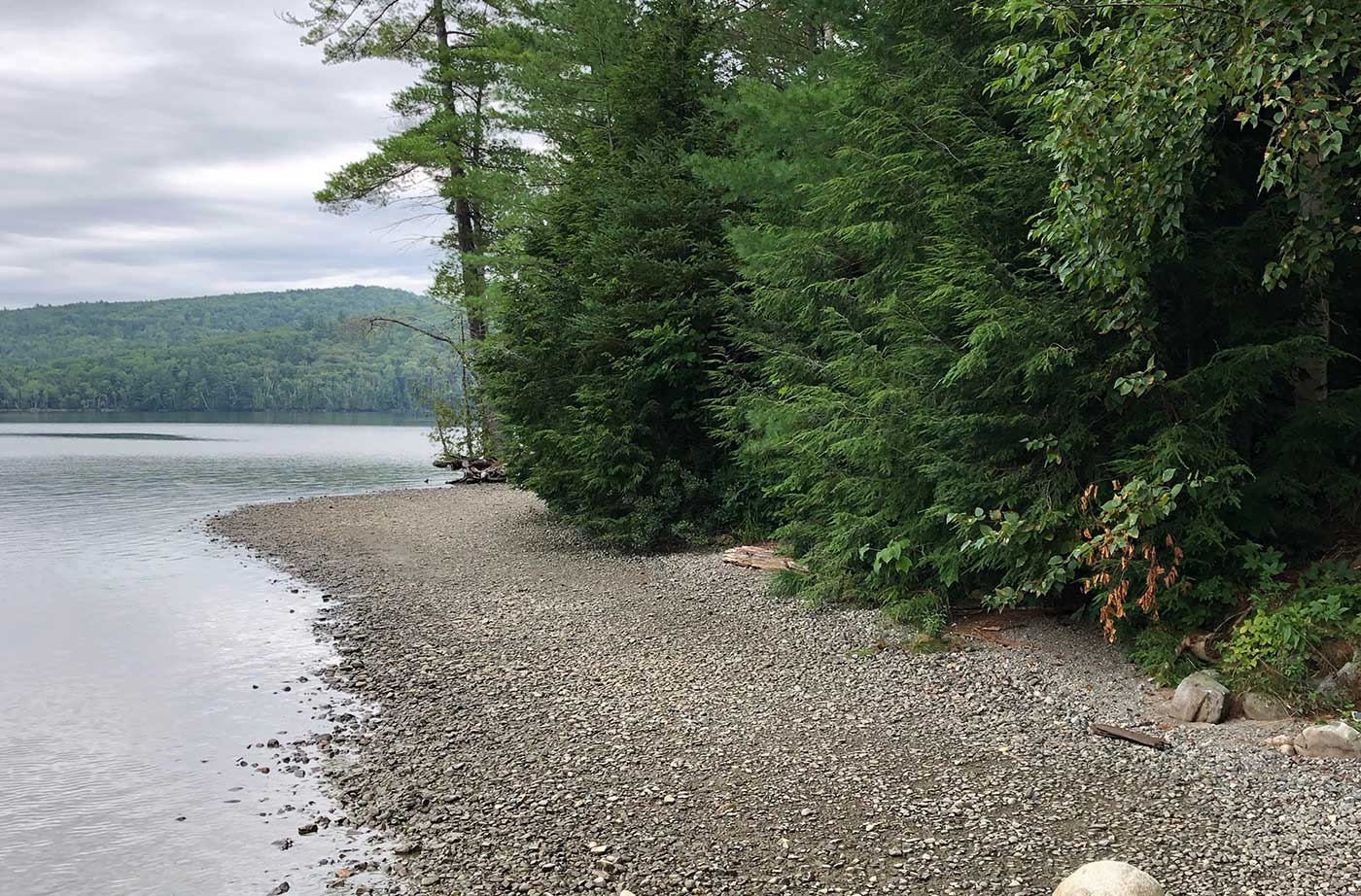 Edge of Wyman Lake with beach and trees