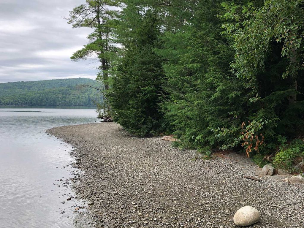 Edge of Wyman Lake with beach and trees