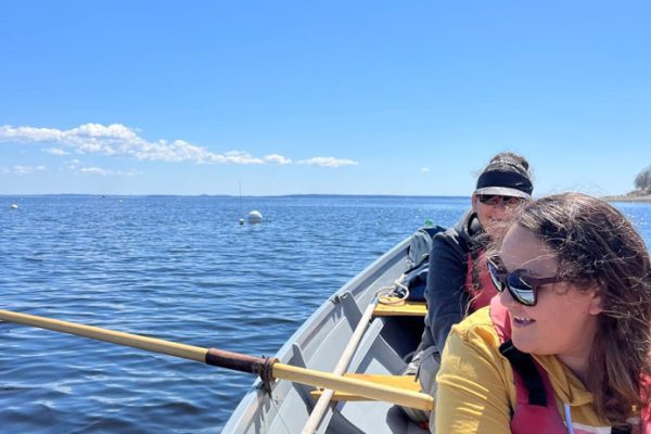 Two women rowing in the open bay on a sunny day