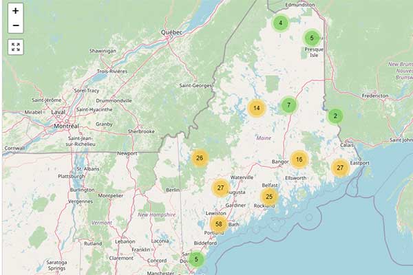 Explore Maine map with dots for locations to visit
