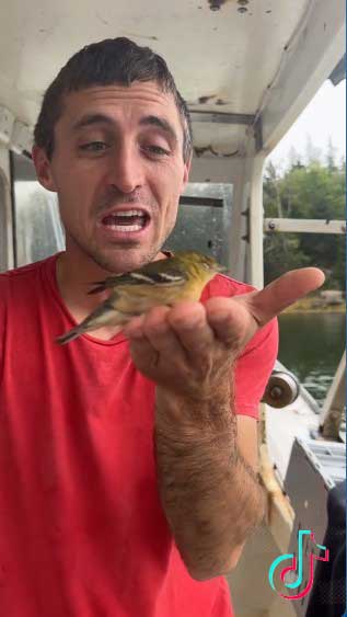 Lobsterman on boat holding small bird