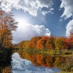 View of fall foliage and sunshine while looking down river