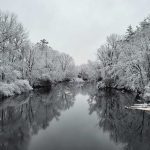 River with snow-covered trees lining it on either side