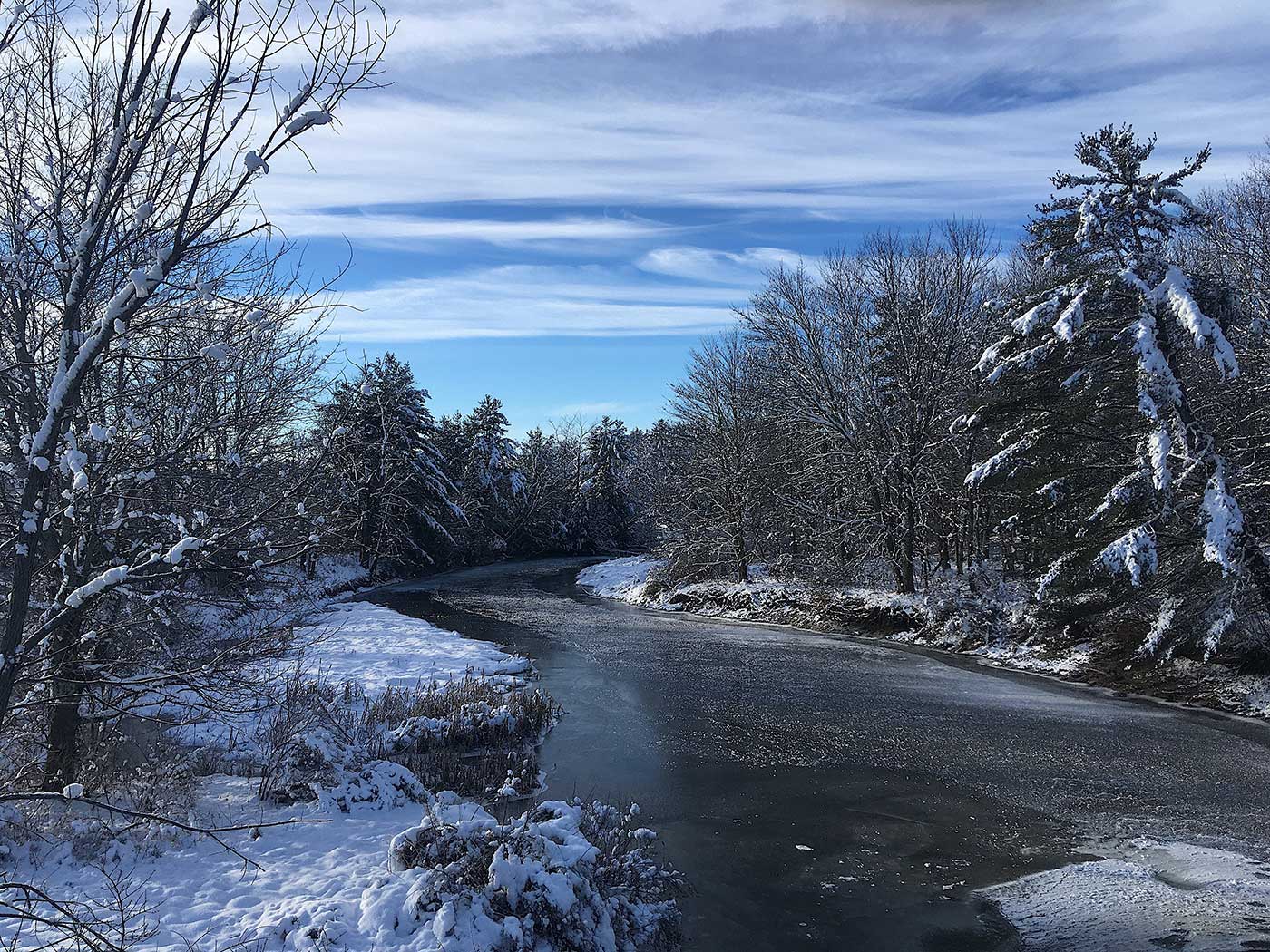 view of Sheepscot River with snow-covered trees lining it