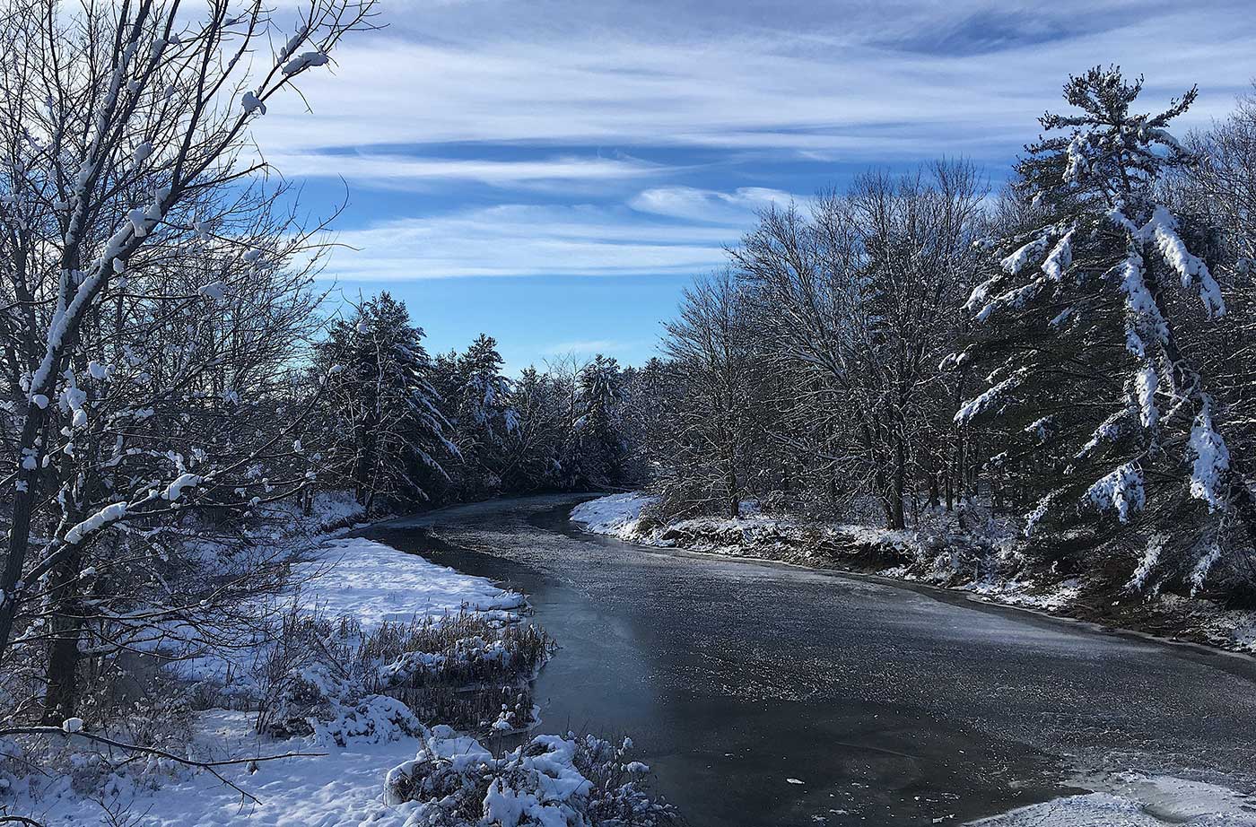 view of Sheepscot River with snow-covered trees lining it