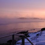 pink sky and sea smoke on ocean near shore