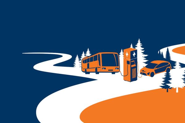 blue and orange graphic of clean transportation like buses
