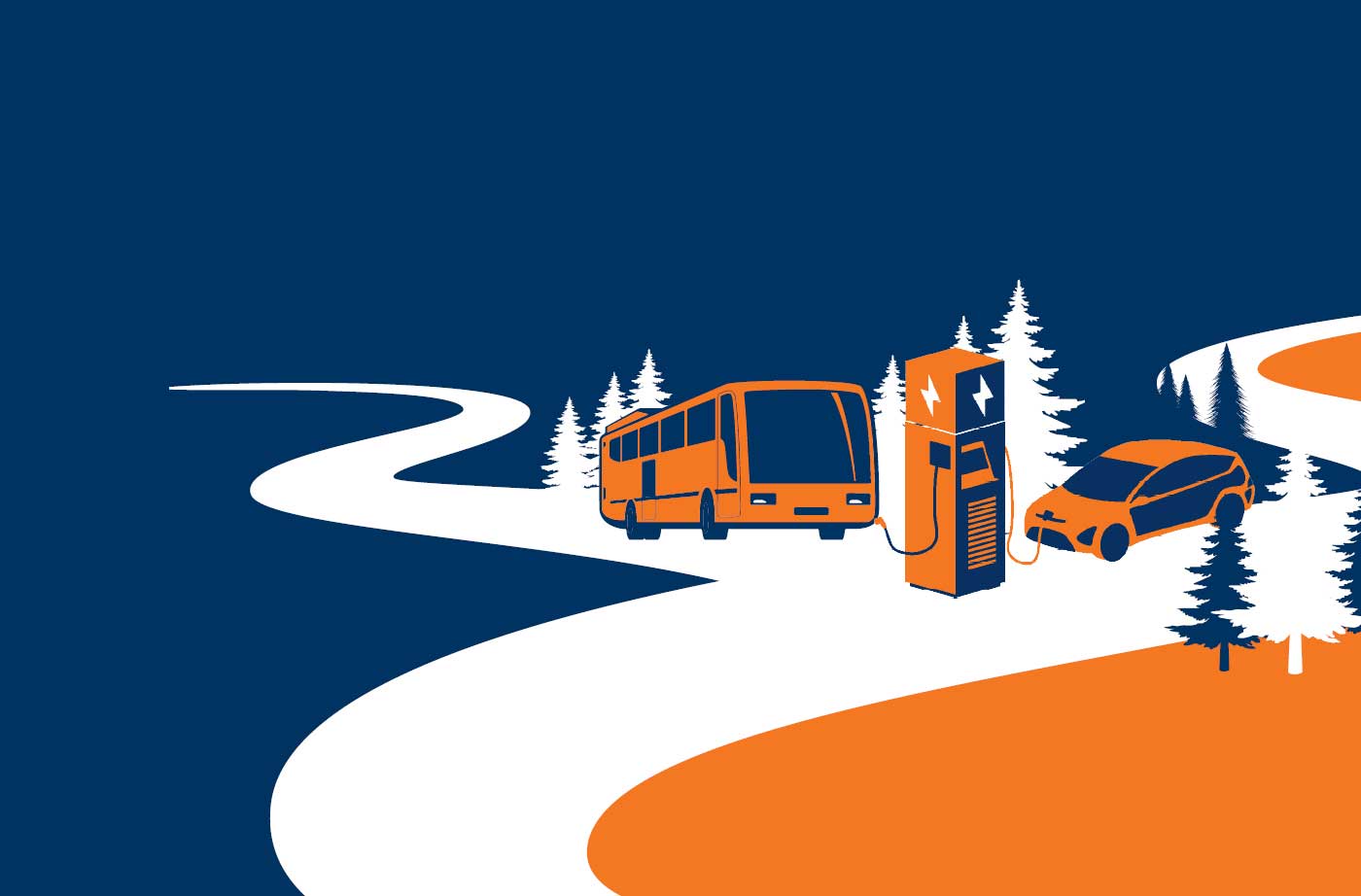 blue and orange graphic of clean transportation like buses