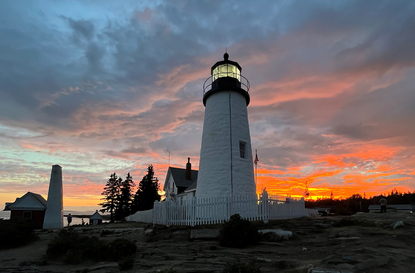 sunset behind Pemaquid lighthouse