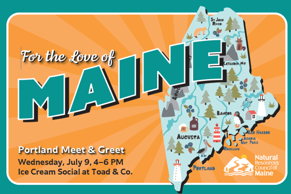 Graphic of map of Maine with "For the Love of Maine" written across page