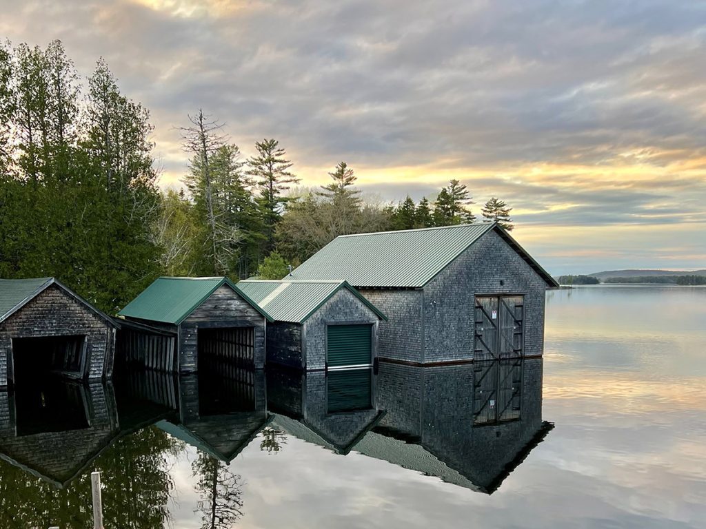 Boathouses on edge of water, with tall trees behind them