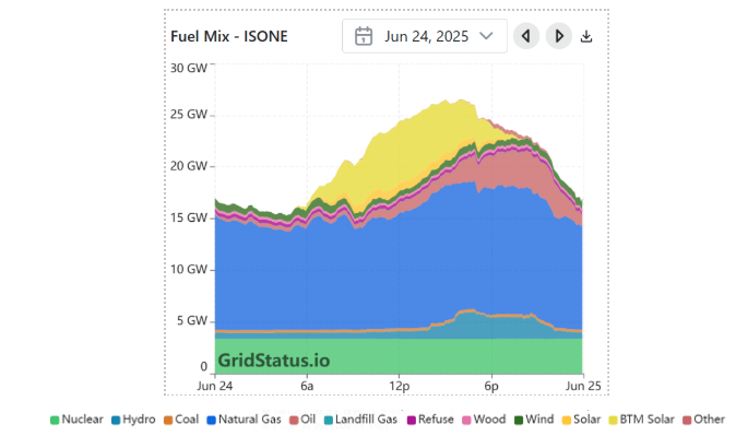 Graph showing fuel mix on June 24, 2025