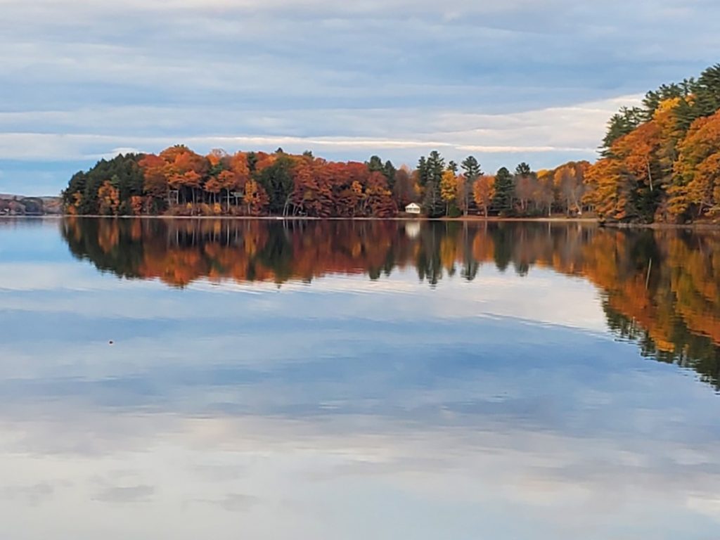fall colors in trees along edge of smooth flat lake