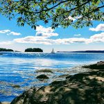 Beautiful blue water with rock in foreground and sailboat and trees in background