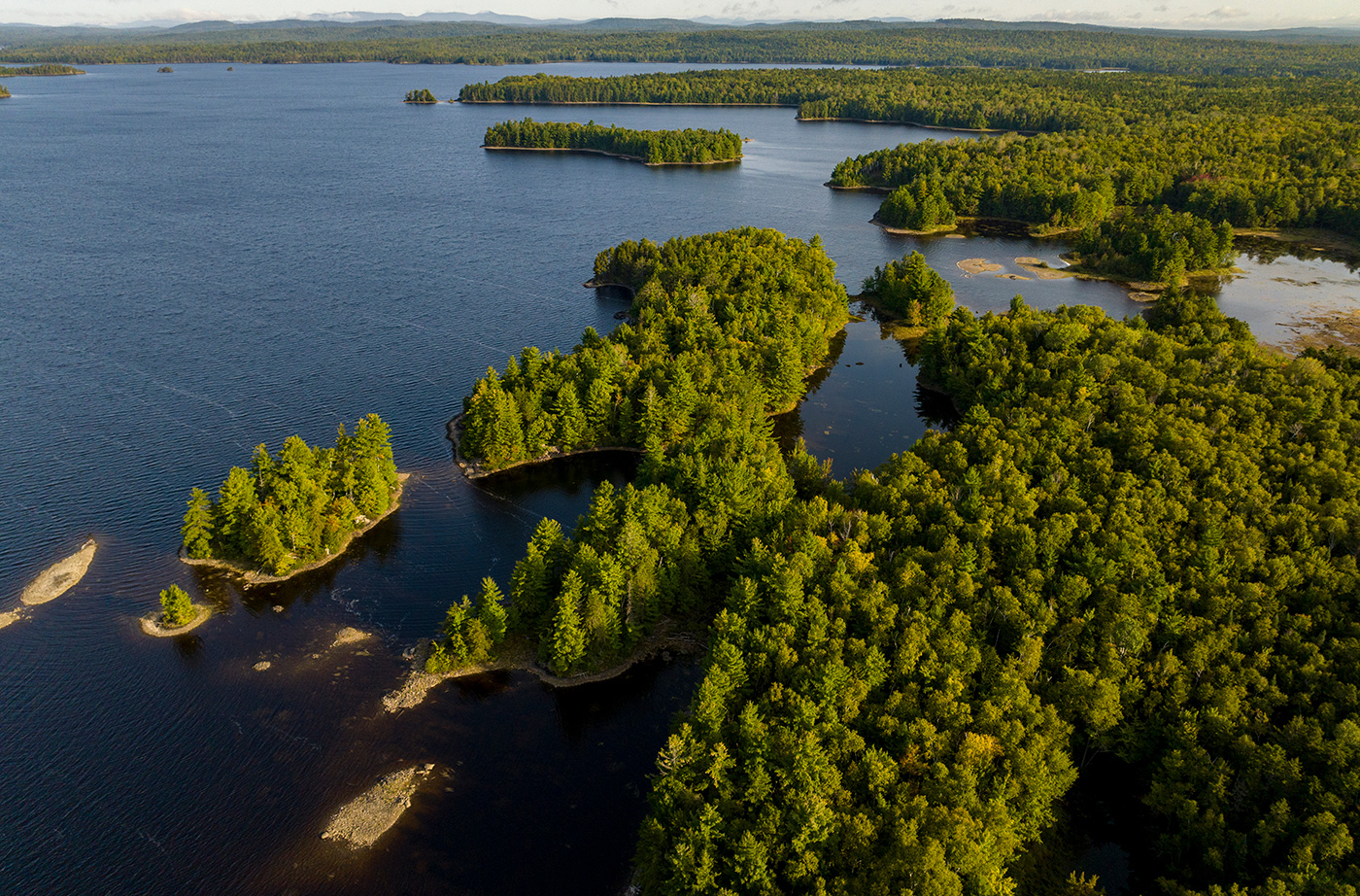 Aerial view of Grand Lake Matagamon with trees and islands in and around lake